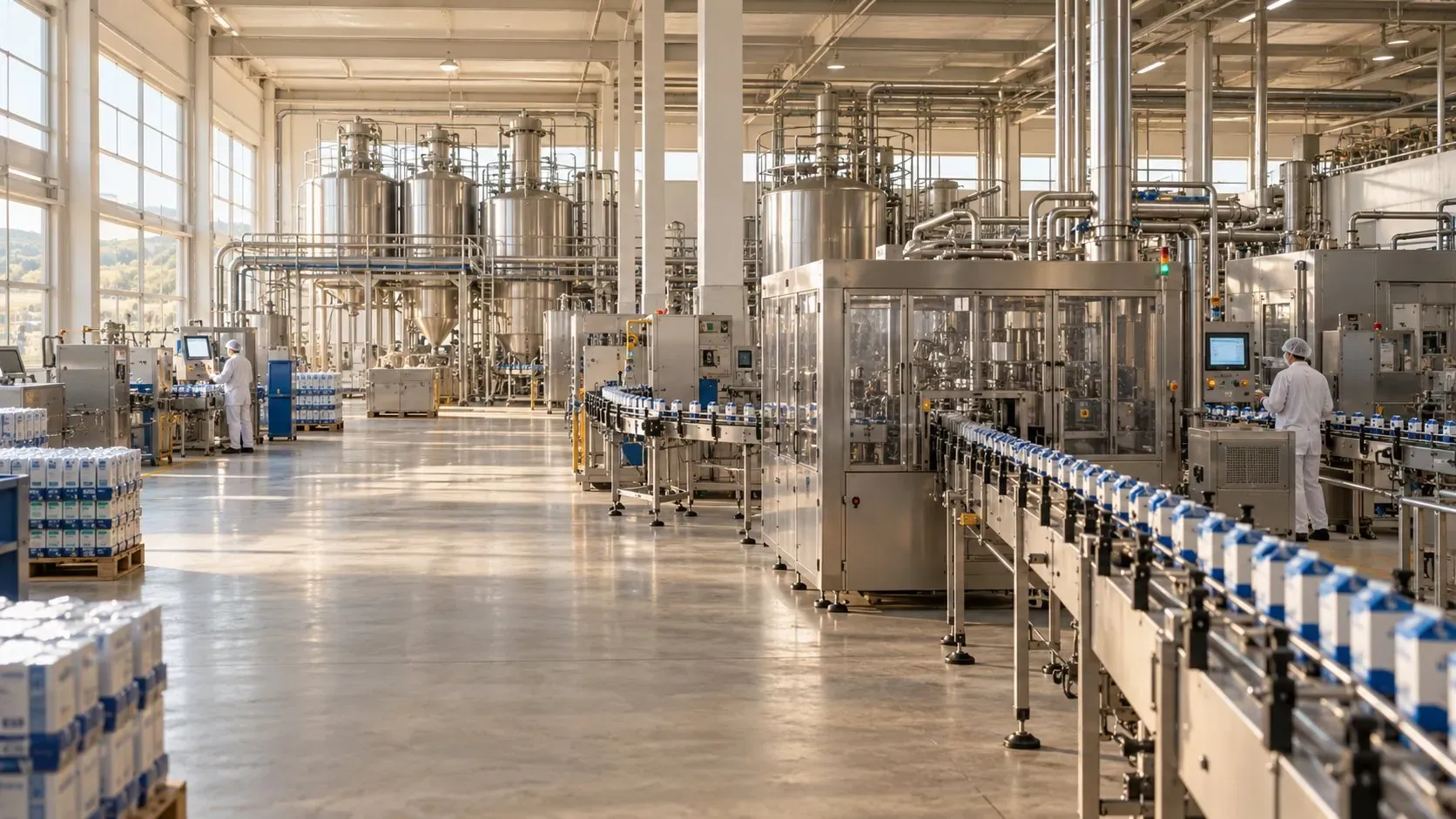 Dairy filling line with operators in a bright production hall