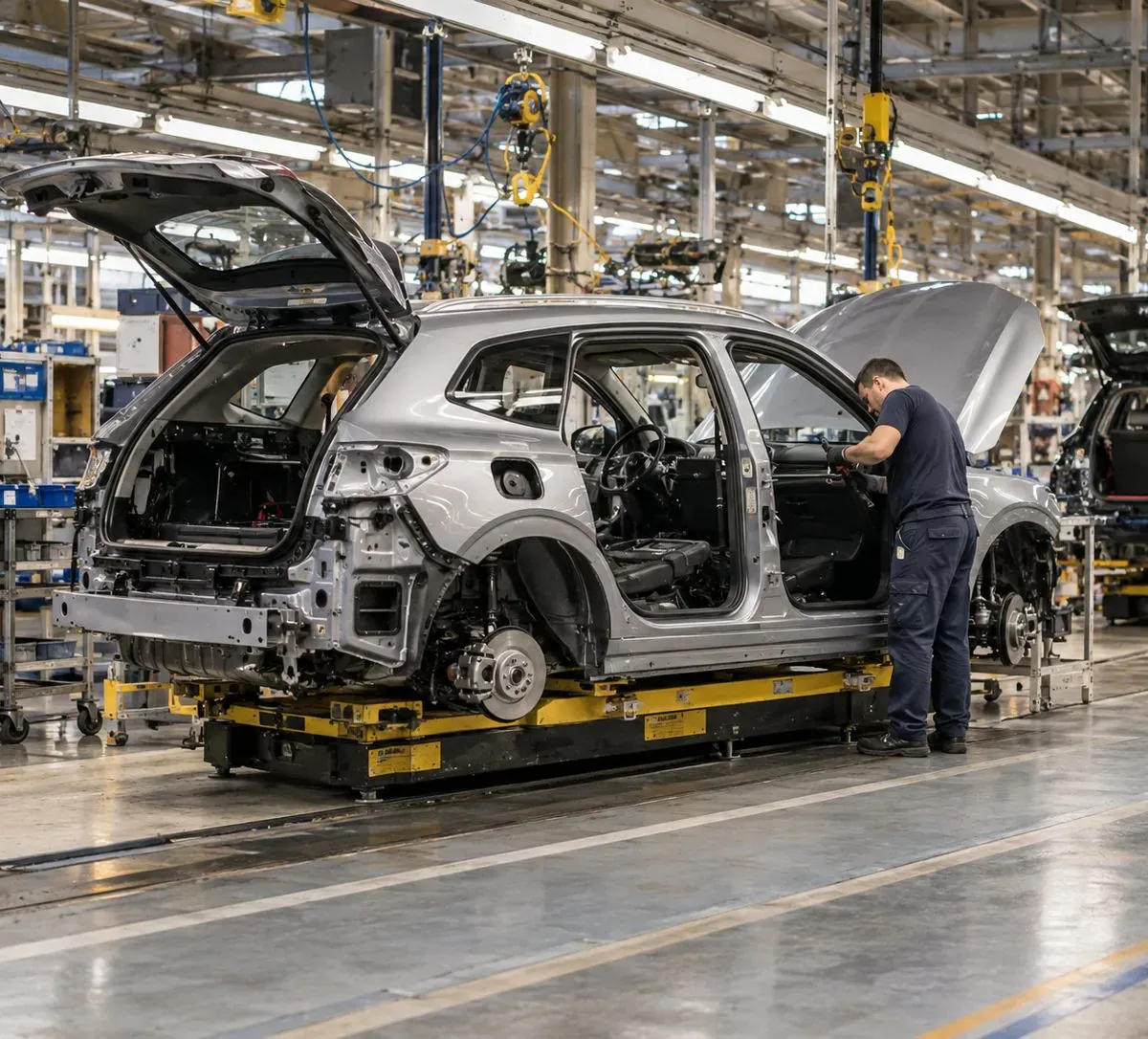 Car body on an assembly carrier with technicians working at the doors, more bodies on the line behind