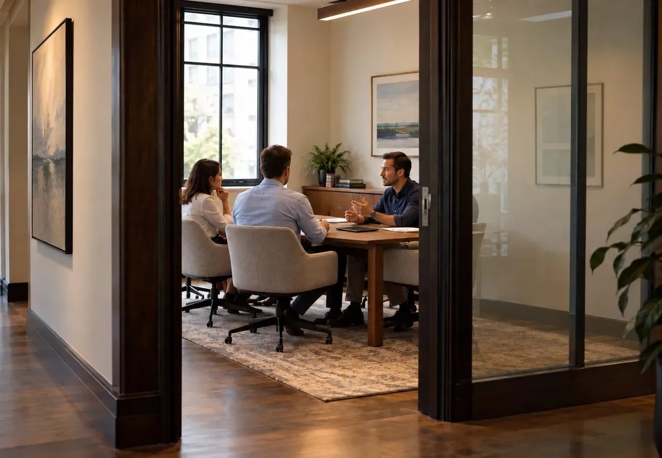 Three people in conversation in a glass-walled meeting room, seen from the corridor