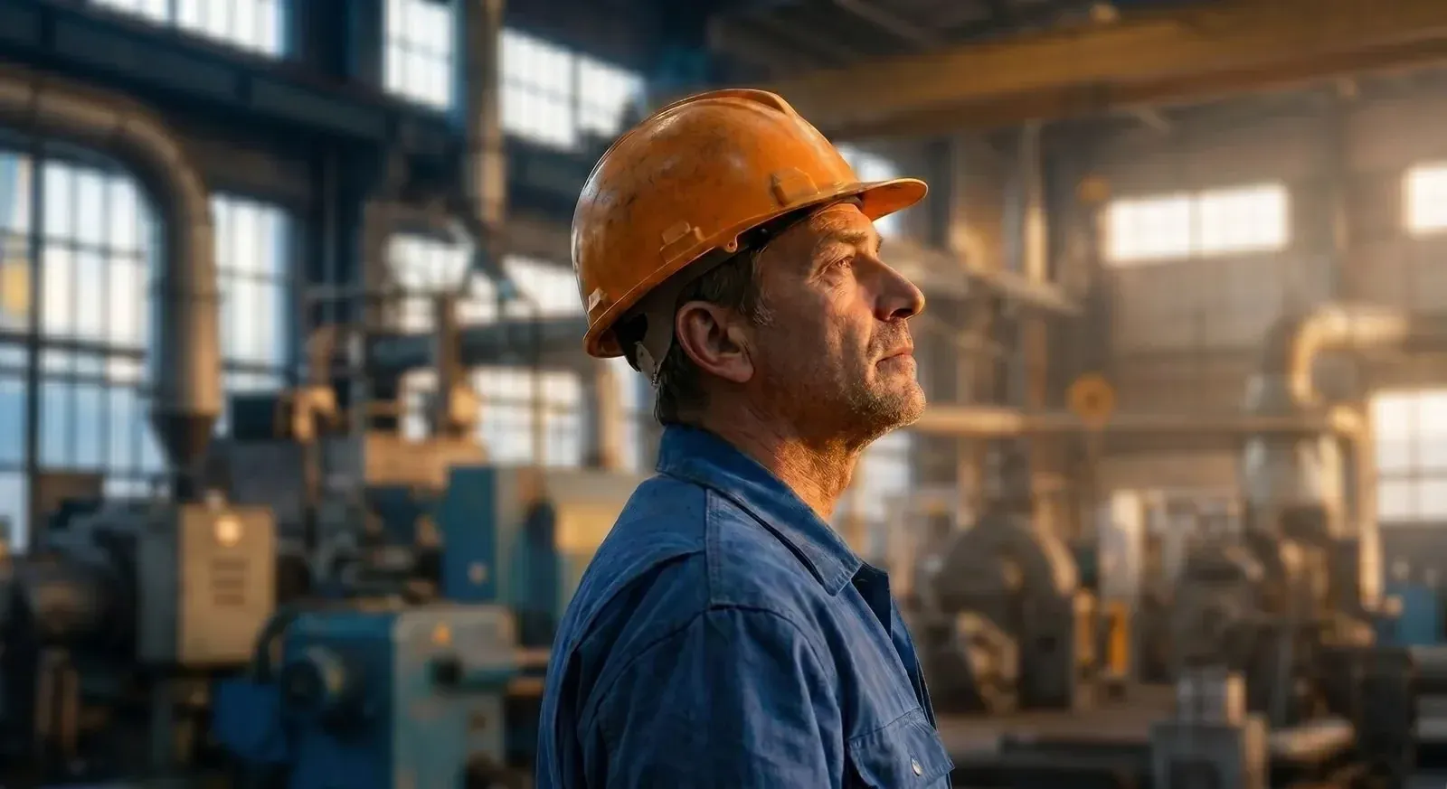 Engineer in a hard hat in a production hall