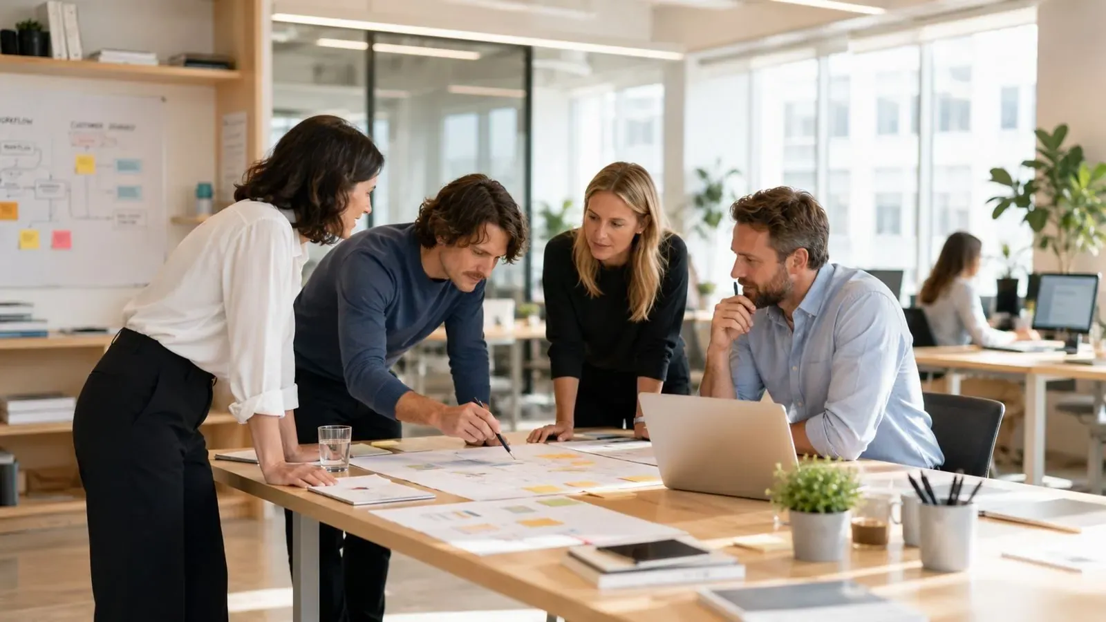 A team mapping a process together around a table covered in notes