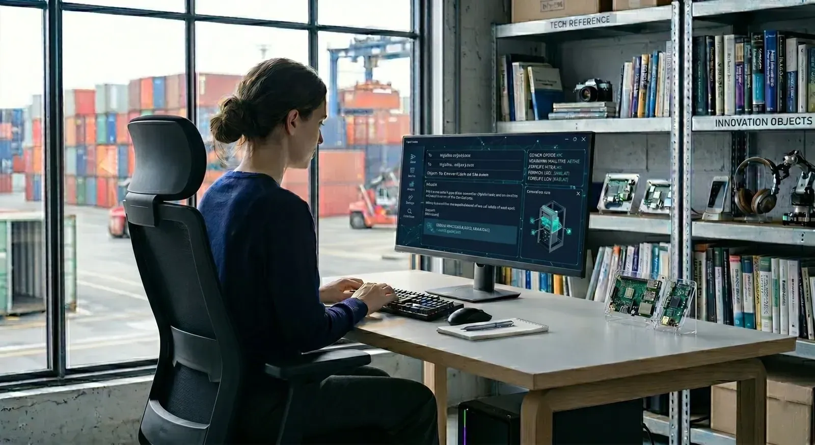 Employee working at a desk with two monitors