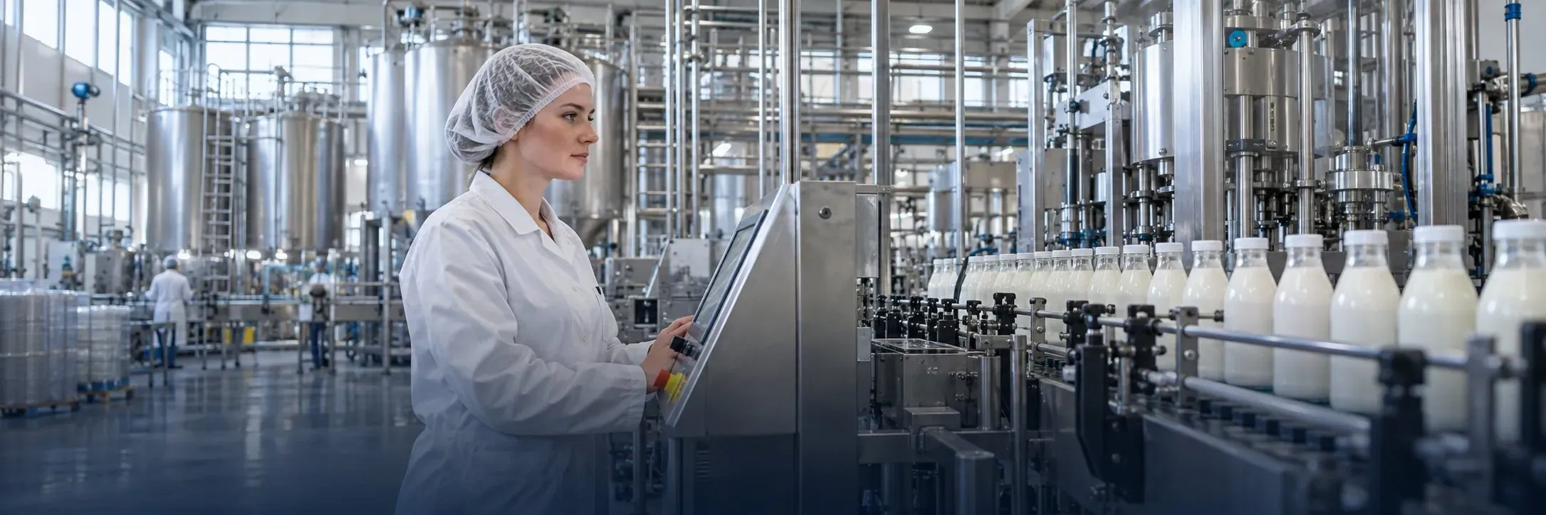 Operator at the control panel of a dairy bottling line