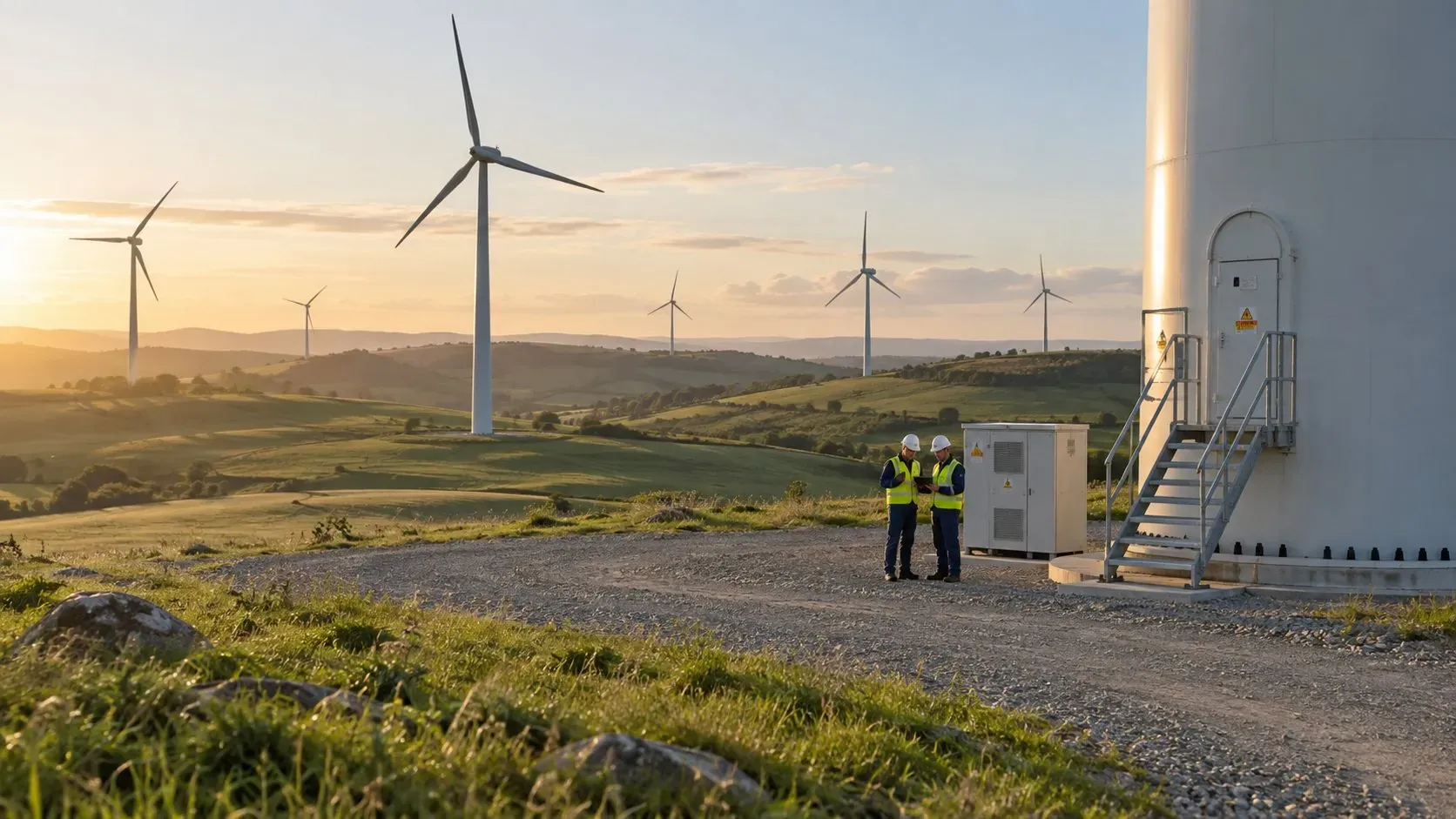 Two engineers reviewing a control cabinet at the foot of a wind turbine
