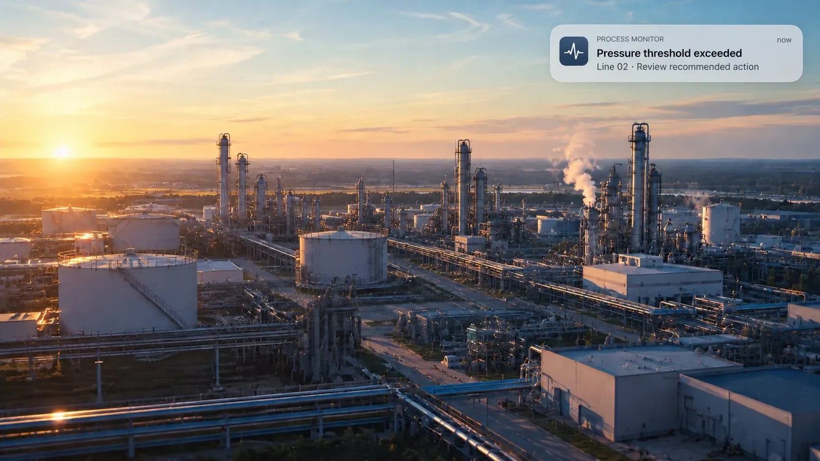 Aerial view of a process plant at sunrise with a process-monitor notification: pressure threshold exceeded on line 02, review recommended action