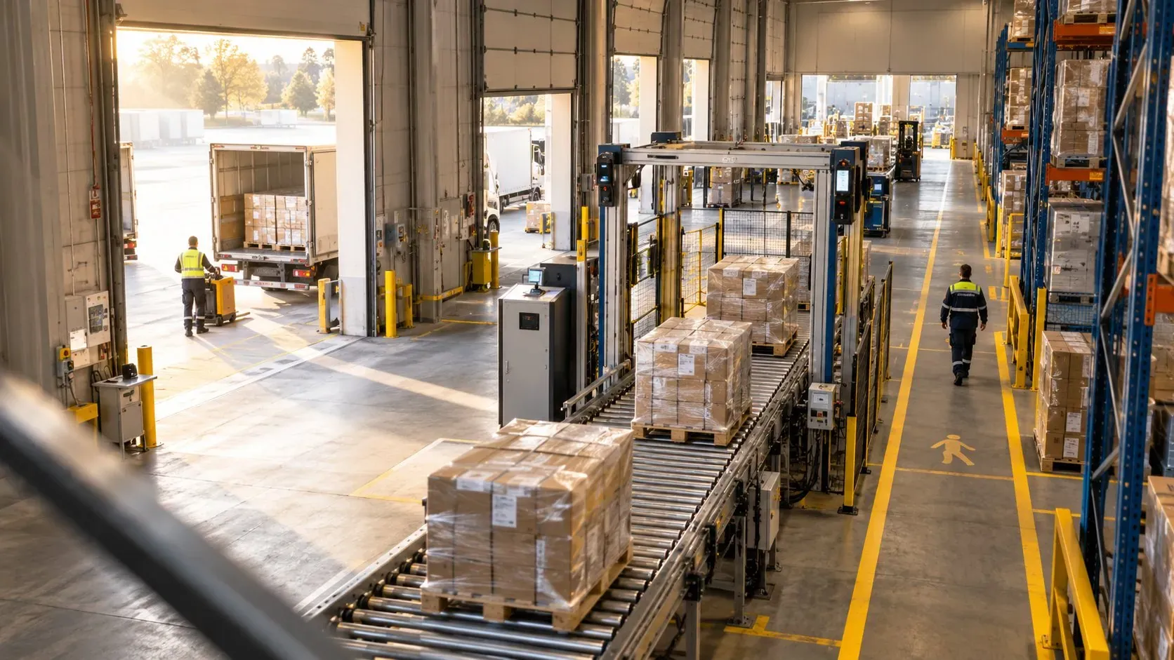 Warehouse loading dock with pallets moving from truck to conveyor