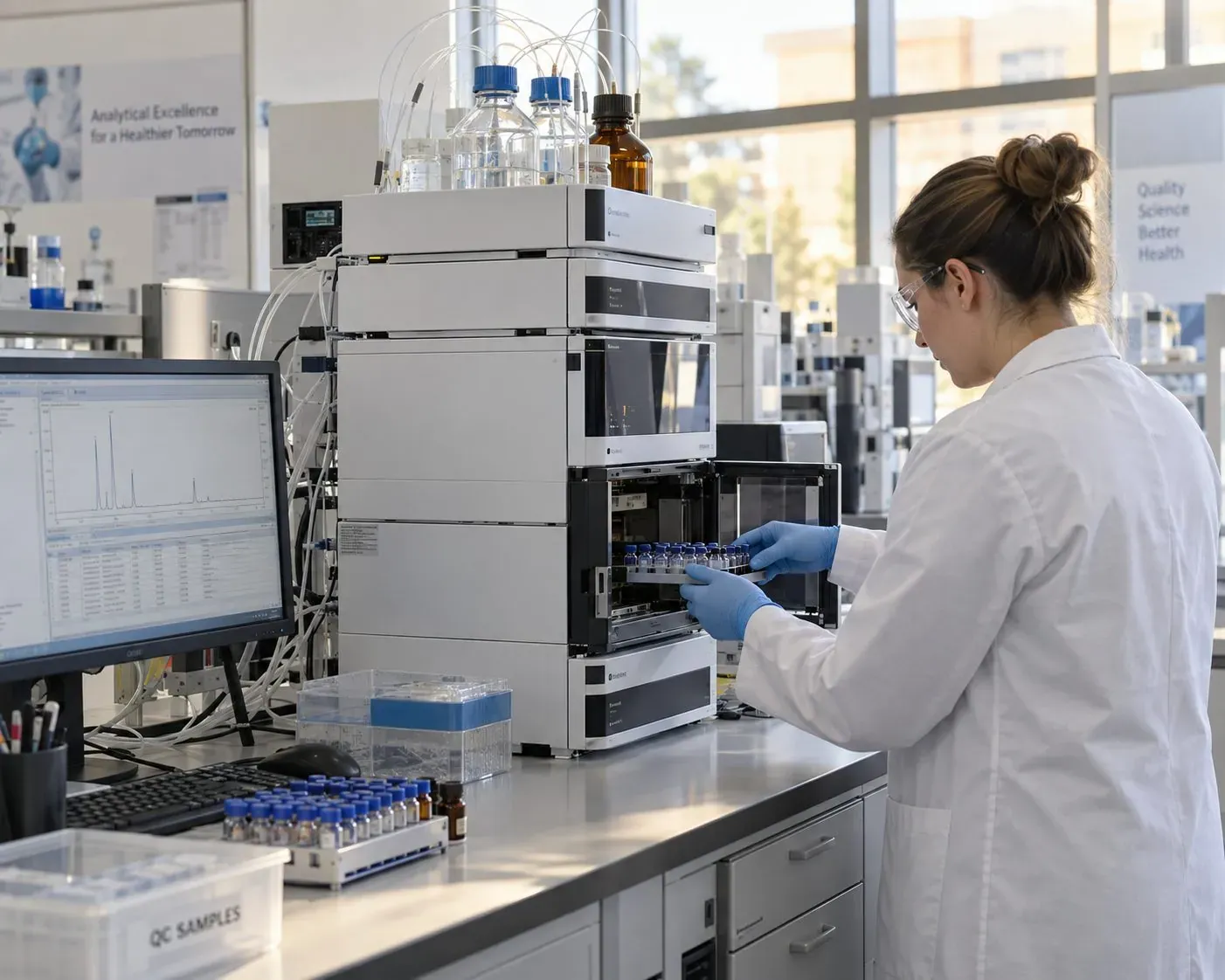 Quality control analyst loading sample vials into an HPLC system in a pharmaceutical QC laboratory, chromatogram on the monitor