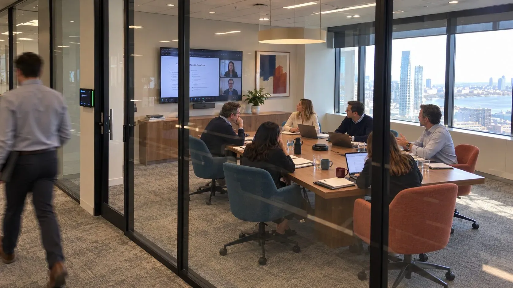 Team in a glass-walled meeting room reviewing a roadmap on screen with remote colleagues