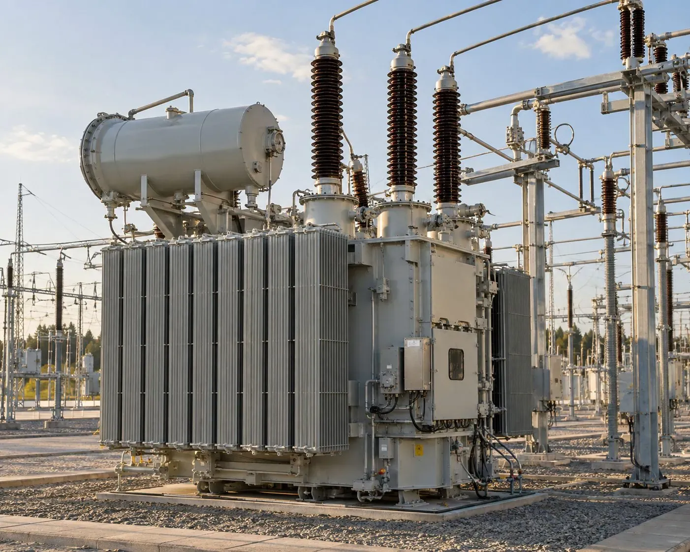 High-voltage power transformer with cooling radiators and bushings in an outdoor substation