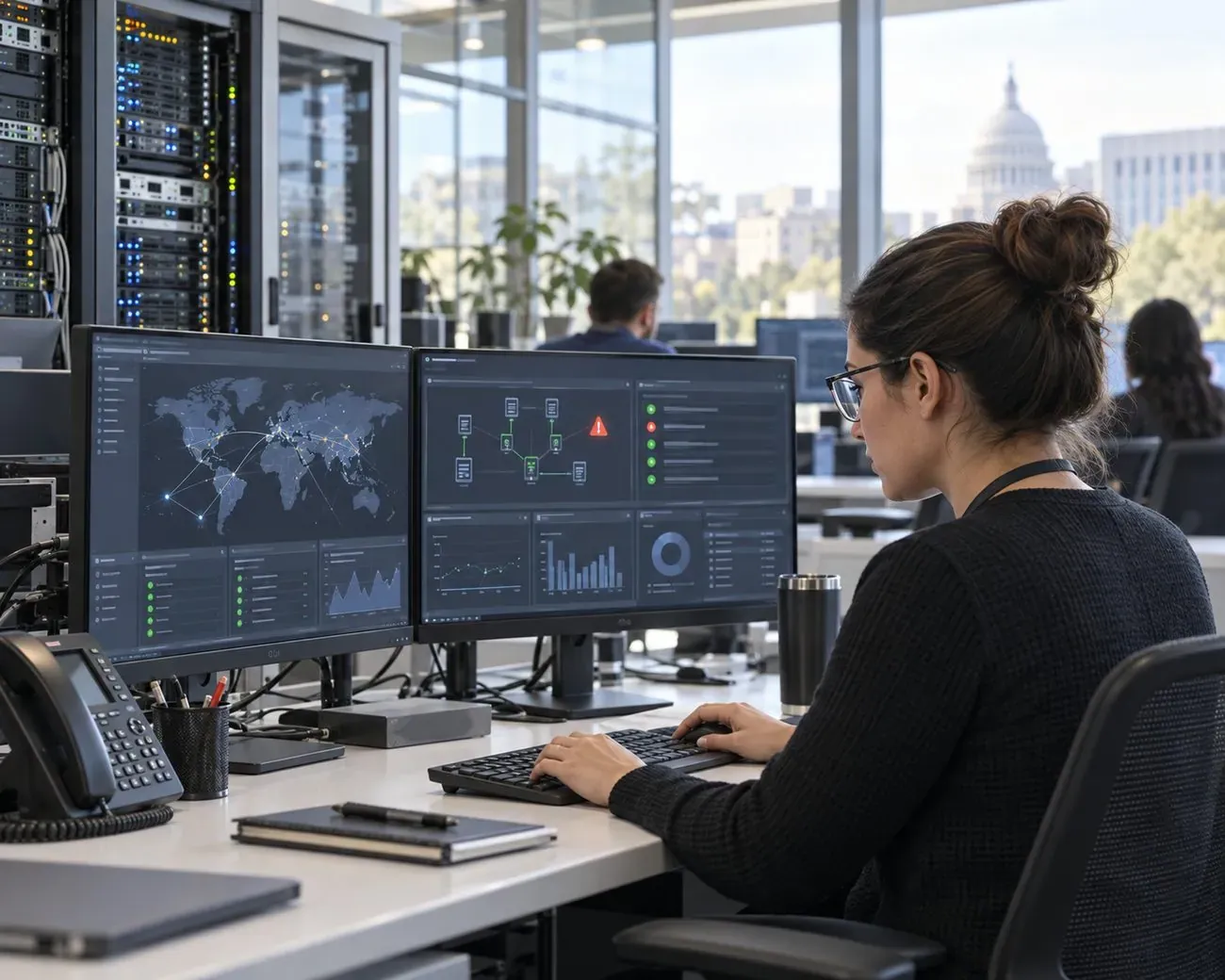 Public sector systems analyst at a monitoring dashboard in a government operations center, with the agency's own server racks beside her desk