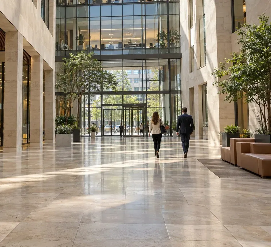 Atrium of a modern office building with stone floors, glass facades and trees, two people walking towards the entrance