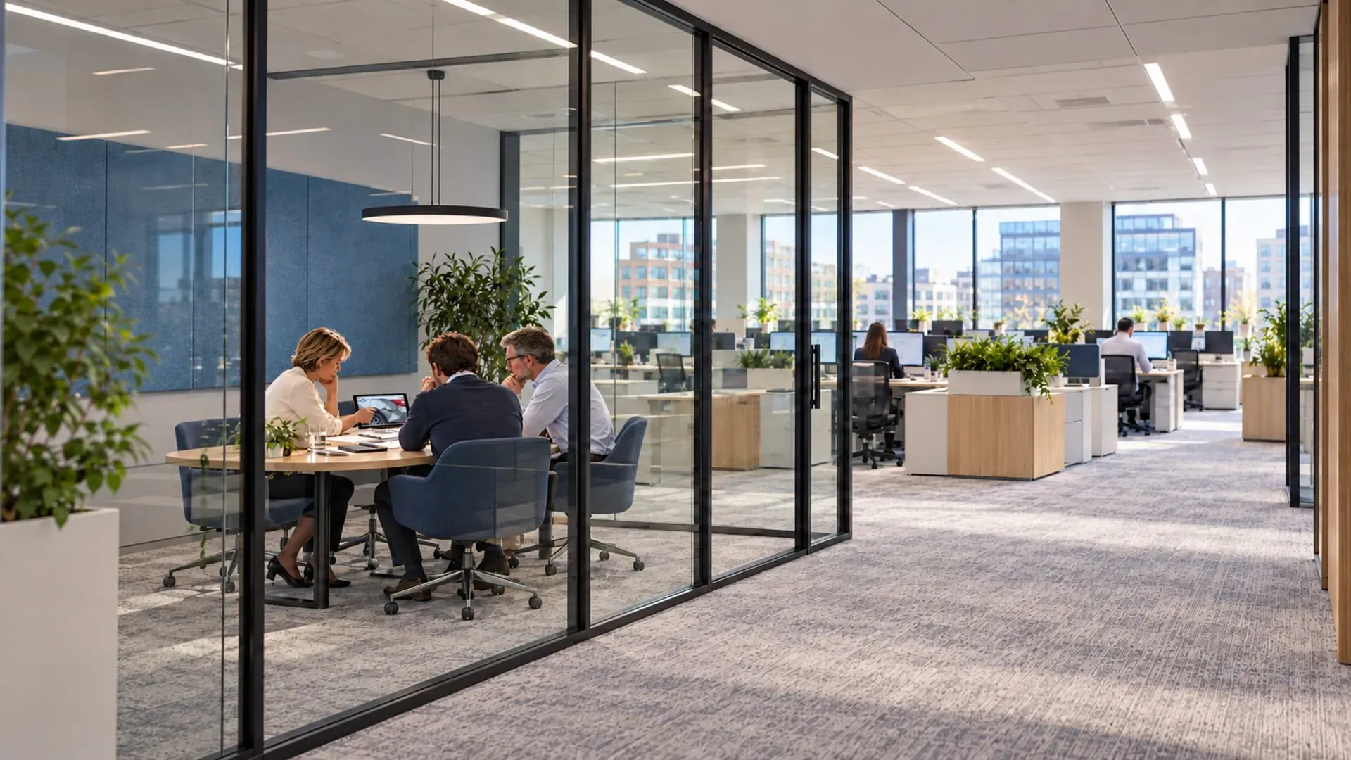 Team meeting in a glass-walled room of an open-plan office