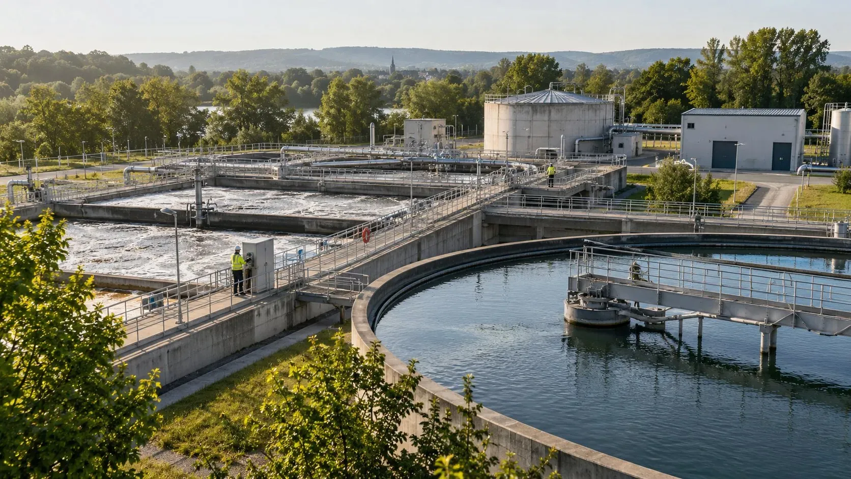 Water treatment plant with clarifier basins seen from above