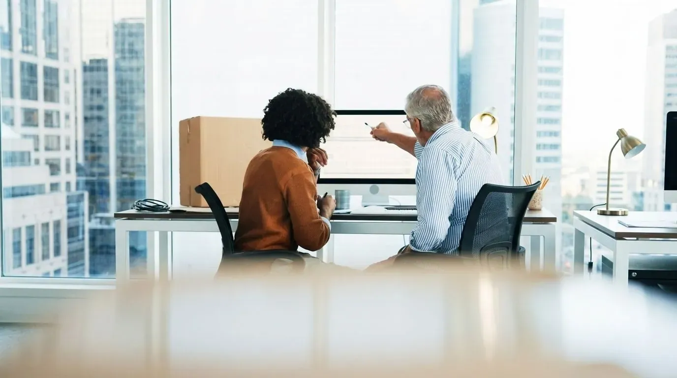 Two colleagues reviewing a screen together