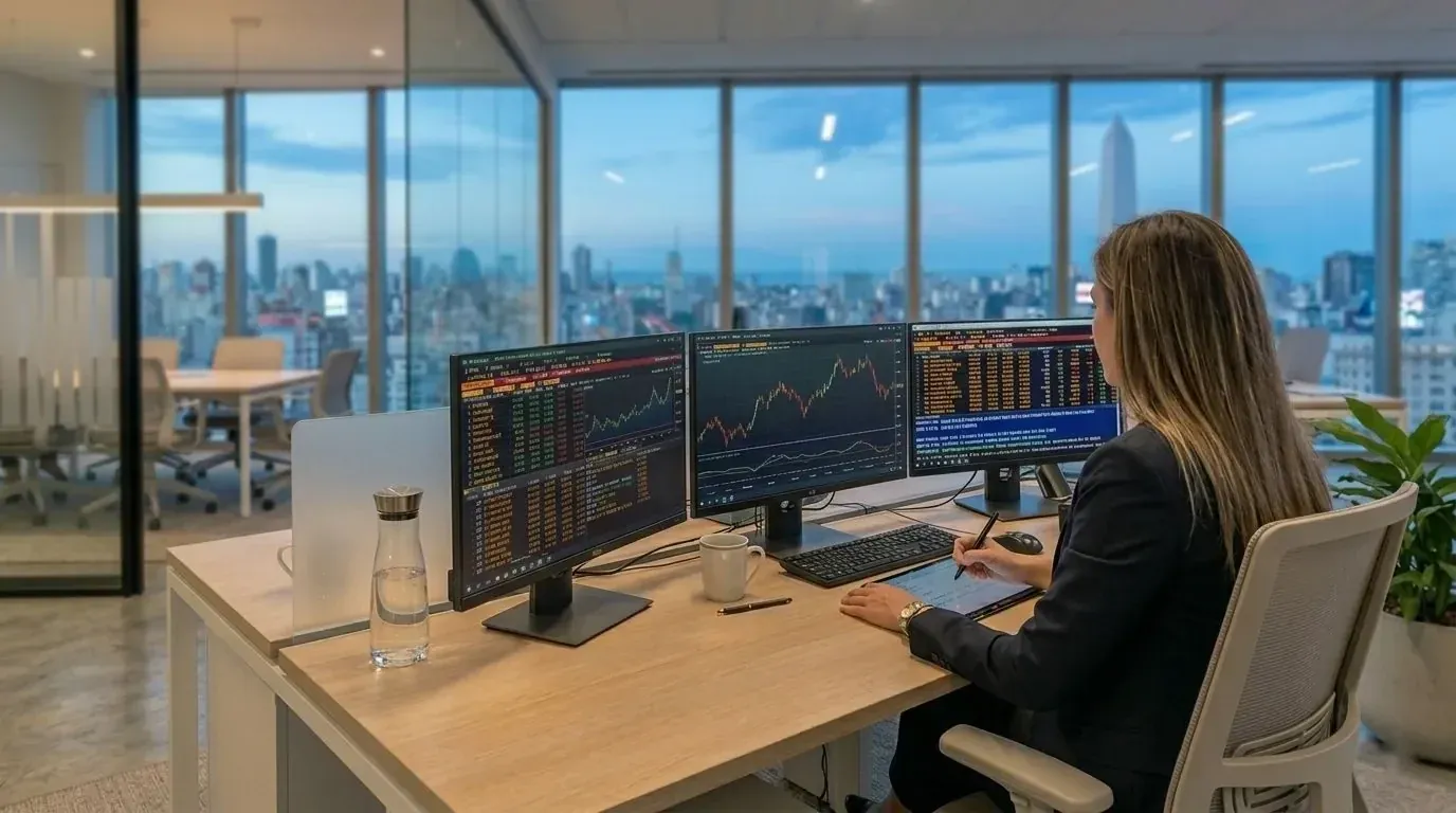 Analyst working across several monitors